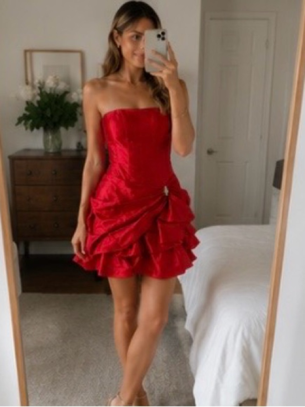 Vintage 80s Jessica McClintock Gunne Sax Red Satin Strapless Party Dress XS 3/4